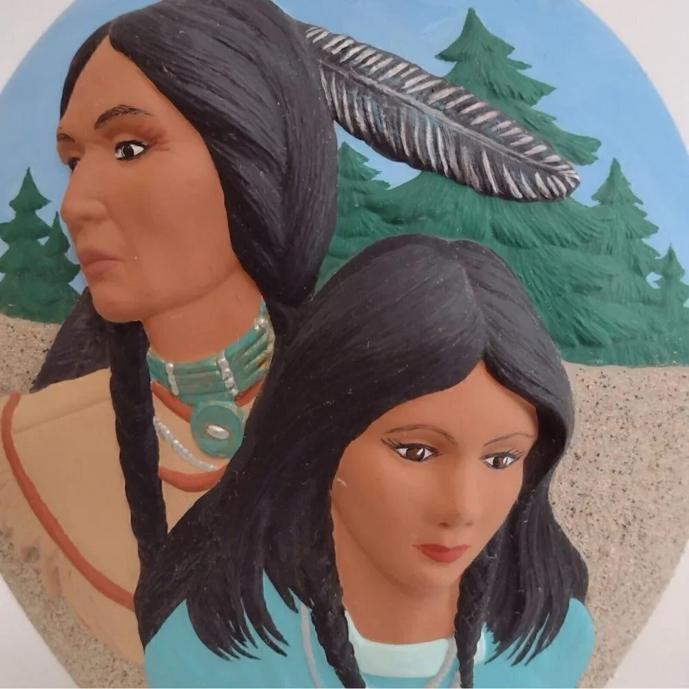 Vintage 1994 Ceramic Hand Painted Native American 3D Indian Couple Vase